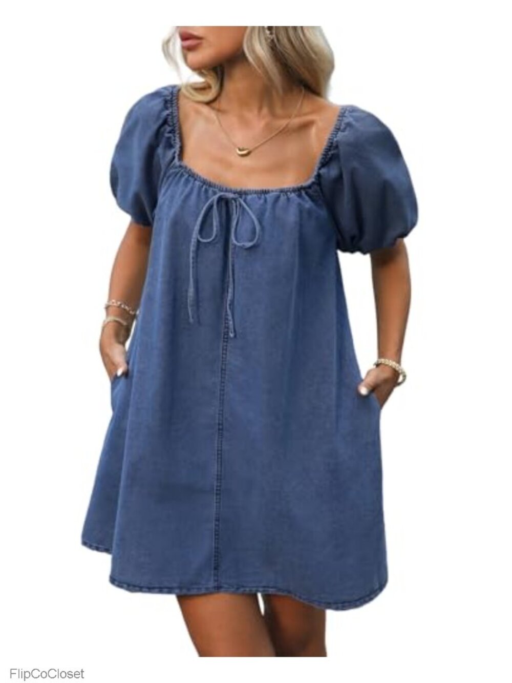 Women's Casual Denim Mini Dress with Pockets Bubble Sleeve Square Neck Loose